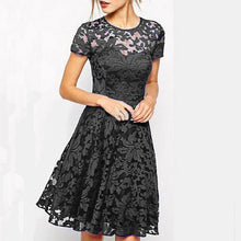 Load image into Gallery viewer, Short Sleeve Lace Patchwork Hollow Dress Women O-neck Breathable A-line Mini Dresses Ladies Fashion Elegant Party Dress Summer