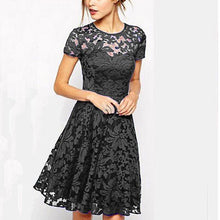 Load image into Gallery viewer, Short Sleeve Lace Patchwork Hollow Dress Women O-neck Breathable A-line Mini Dresses Ladies Fashion Elegant Party Dress Summer