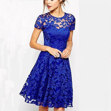 Load image into Gallery viewer, Short Sleeve Lace Patchwork Hollow Dress Women O-neck Breathable A-line Mini Dresses Ladies Fashion Elegant Party Dress Summer