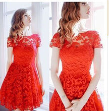 Load image into Gallery viewer, Short Sleeve Lace Patchwork Hollow Dress Women O-neck Breathable A-line Mini Dresses Ladies Fashion Elegant Party Dress Summer